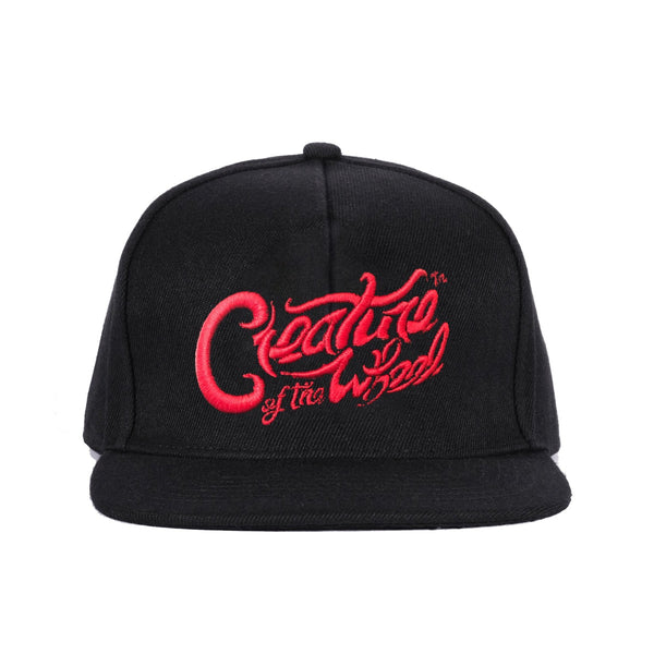 Creature of the Wheel hand-lettered hat embroidered in red