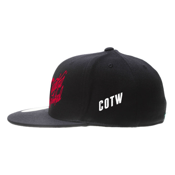 Creature of the Wheel hand-lettered snapback hat side view